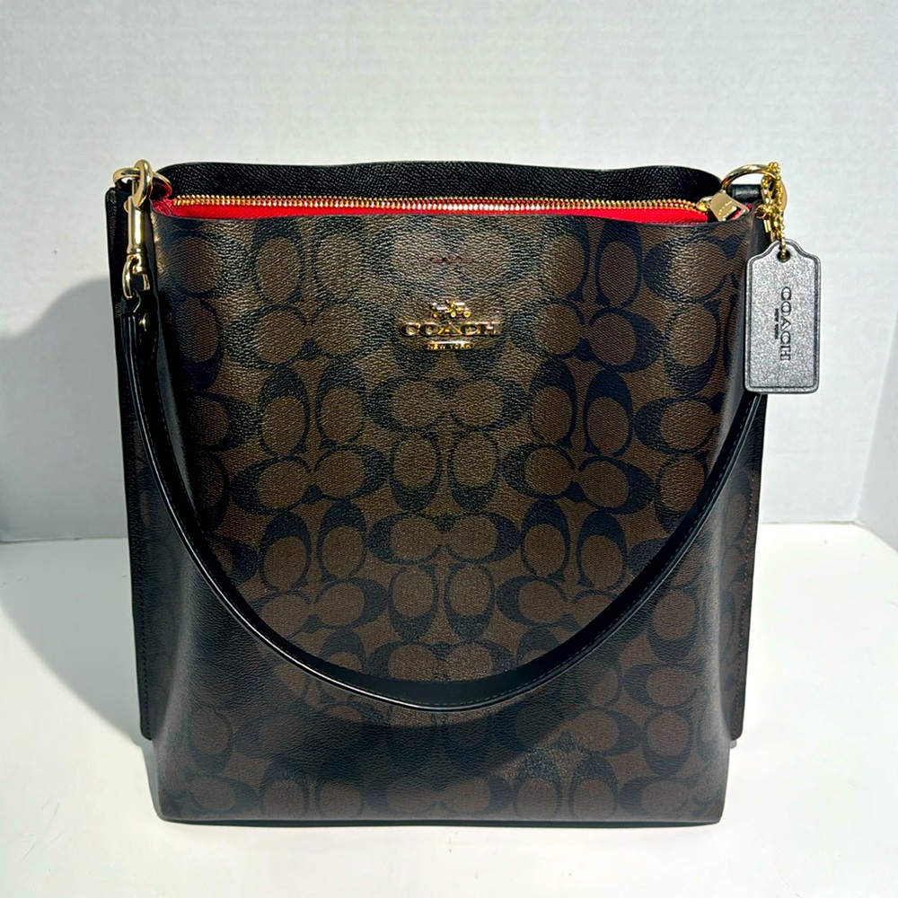 Authentic COACH Coated Signature MOLLIE Bucket Shoulder Bag Brown/Black